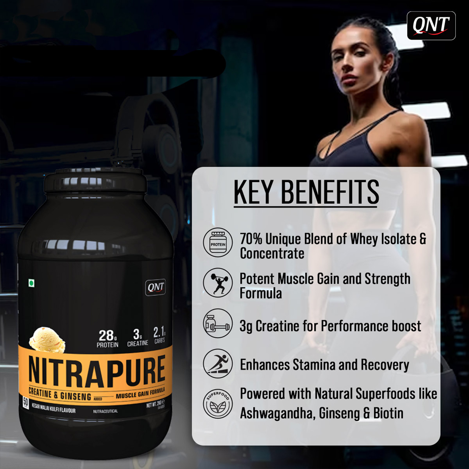QNT Nitrapure, Blend of Whey Protein Concentrate & Isolate | 2kg | Kesar Malai Kulfi - Image 3