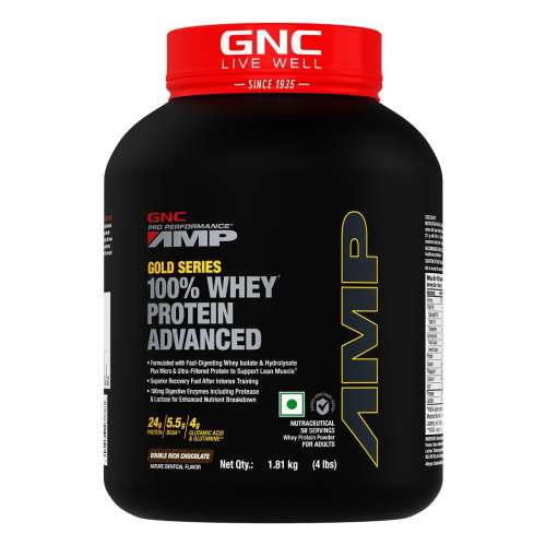 GNC AMP Gold Series 100% Whey Protein Advanced | 24gm Protein | 5.5gm BCAA | 4gm Glutamine | Double Rich Chocolate | 4 lbs